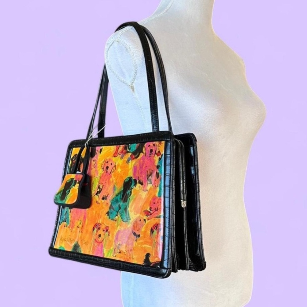 Vintage Angela Frascone bright dog print accordion trapezoid shoulder bag